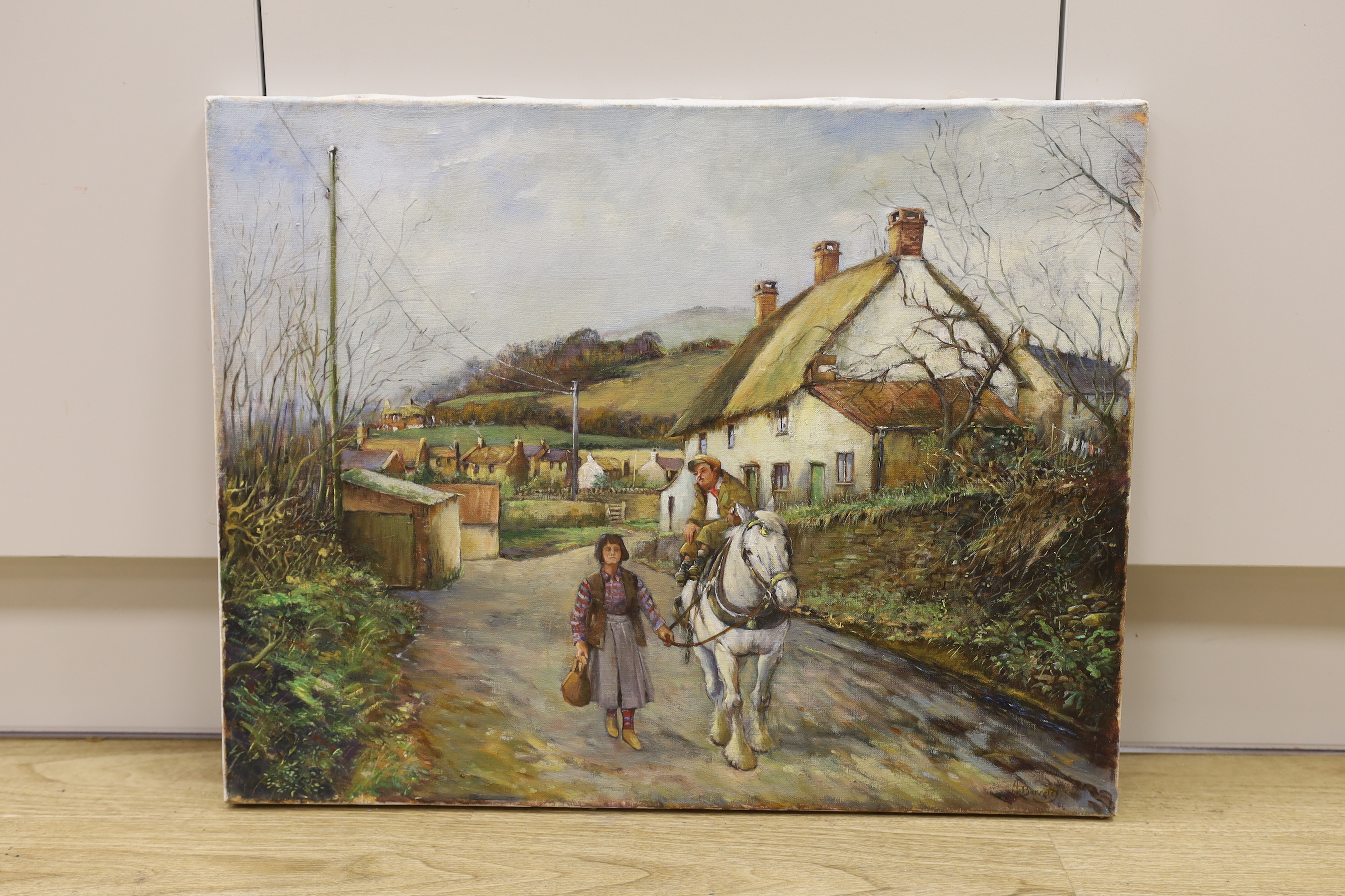 A. Barrett, oil on canvas, Travellers on a country lane, signed, 35 x 58cm, unframed